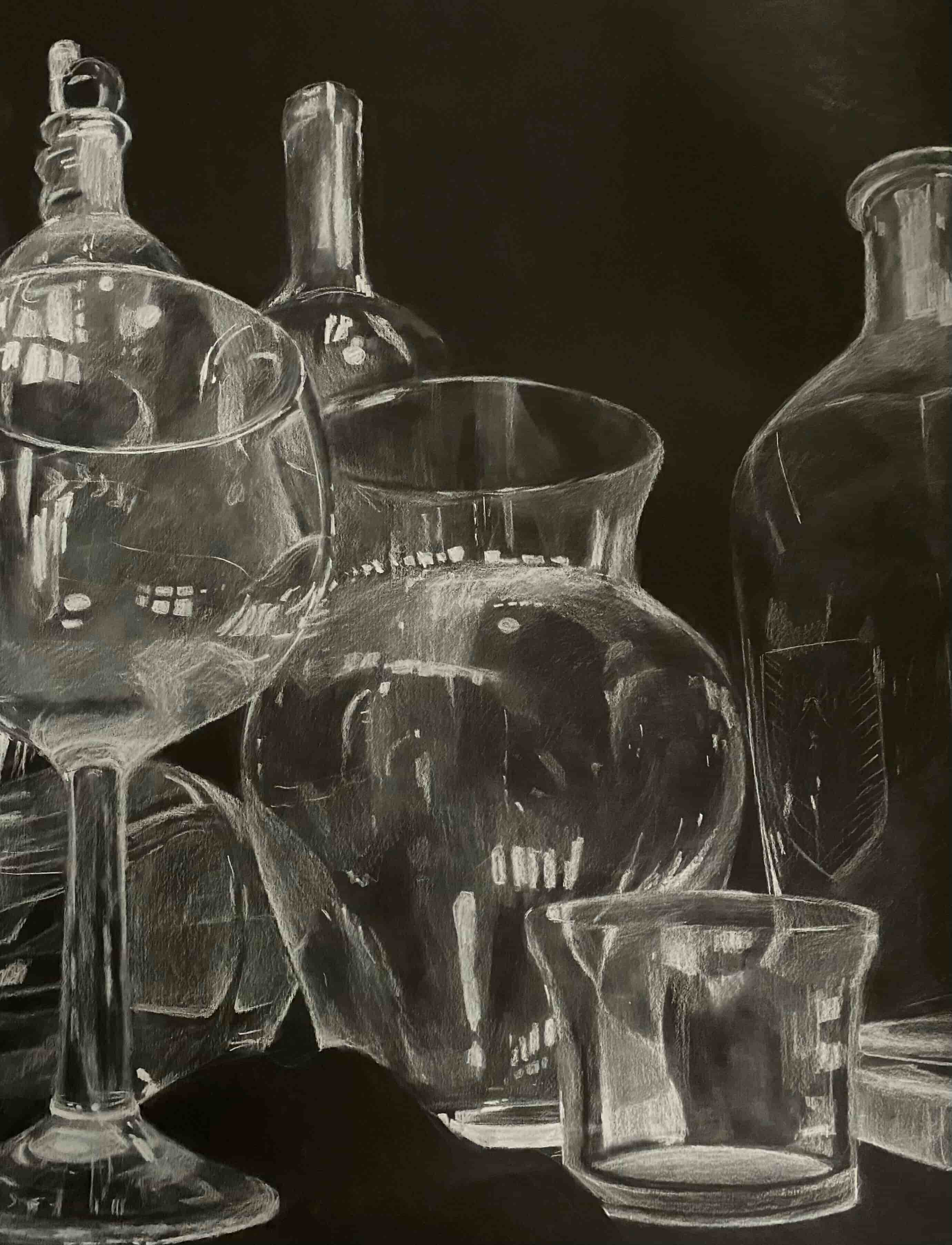 White Charcoal Drawing of Glass Still Life